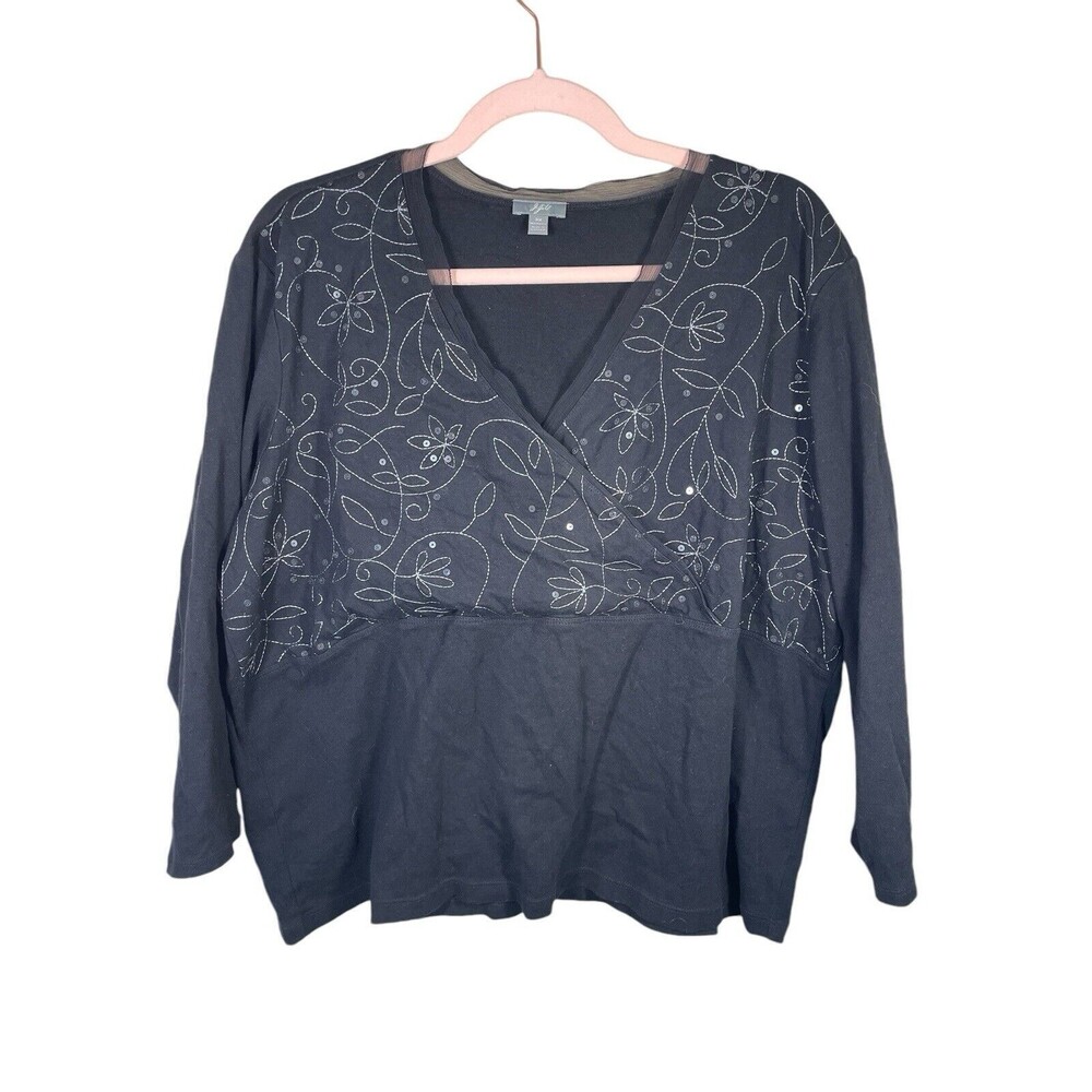 J Jill Top Shirt Women's Plus Size 3X Cotton‎ Embroidered Sequins Wrap Front